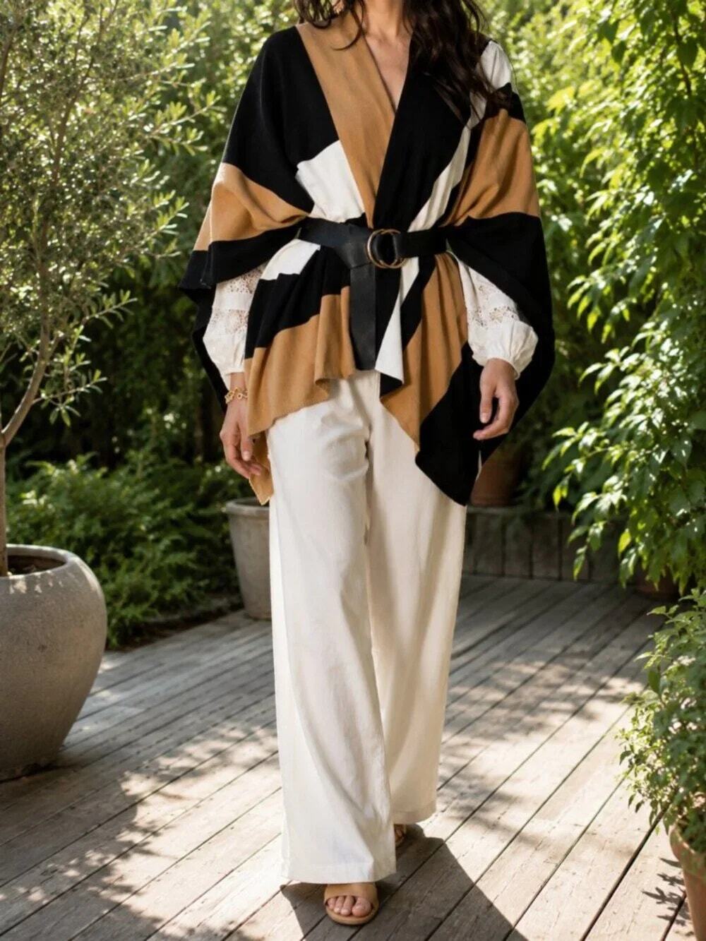 Parrish LA Stevie Colorblock Striped Poncho Wrap Shawl Black Ivory Camel OS NWT